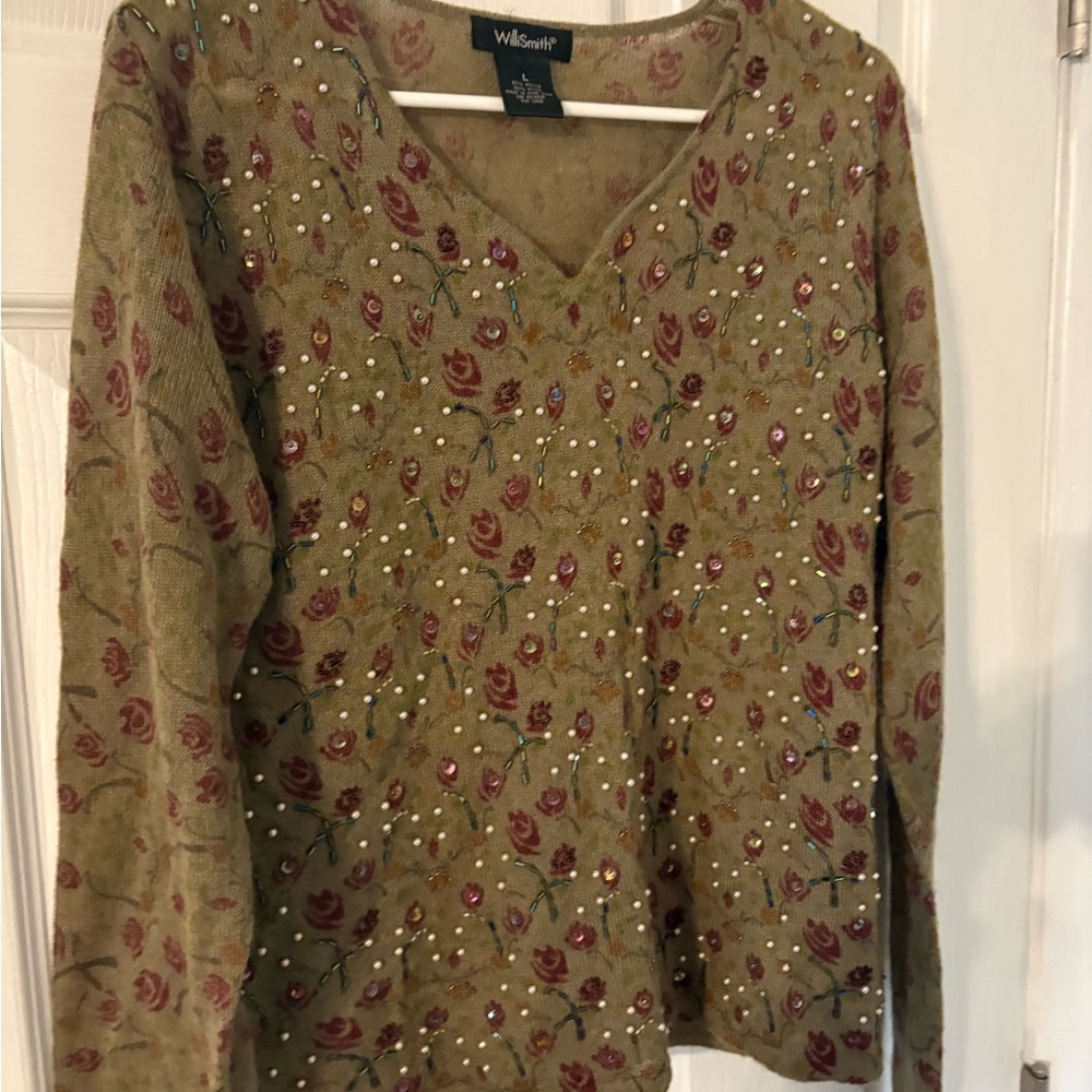 Willi Smith Beaded Floral Sweater Pearl Embellished Cottagecore Vintage Size L - Picture 3 of 7